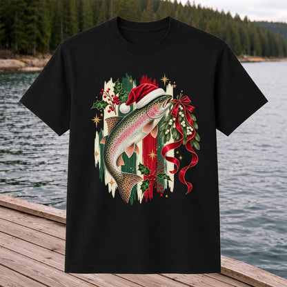 Christmas Santa Hat Rainbow Trout Fishing Graphic T-Shirt