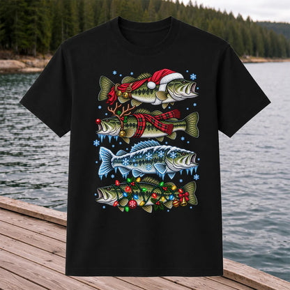 Christmas Bass with Santa Hat and Holiday Lights Fishing T-Shirt