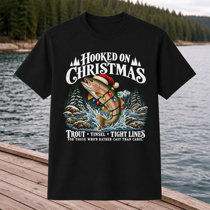 Hooked on Christmas Rainbow Trout Fishing Graphic T-Shirt