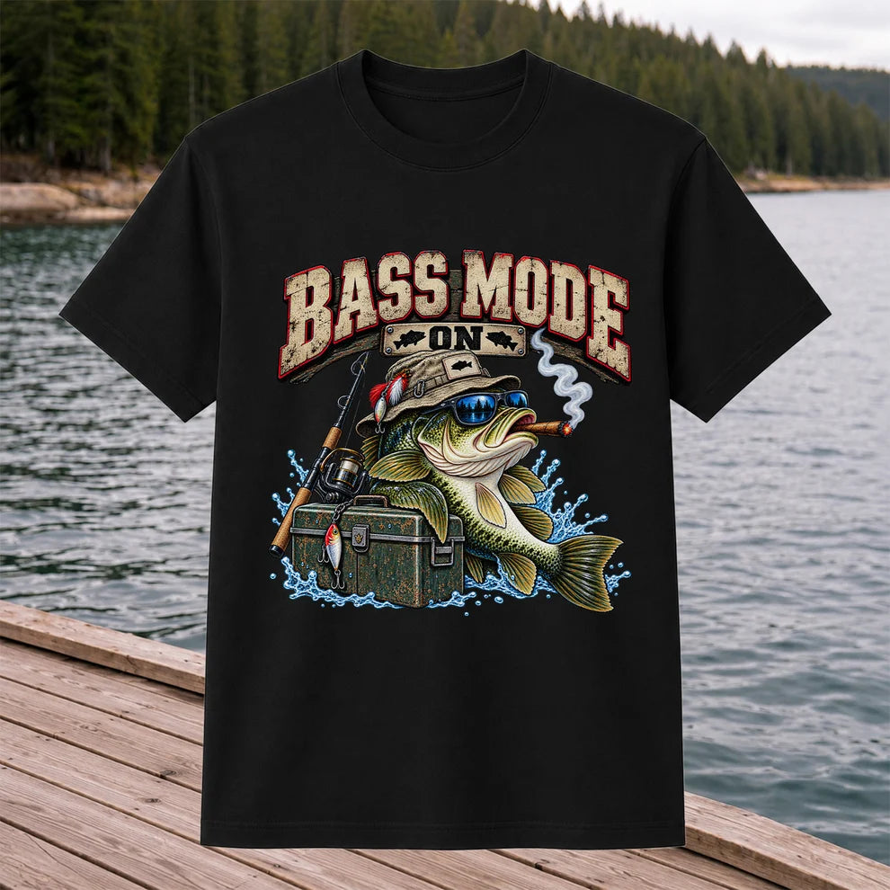 Bass Mode On Funny Bass with Cigar Fishing Graphic T-Shirt