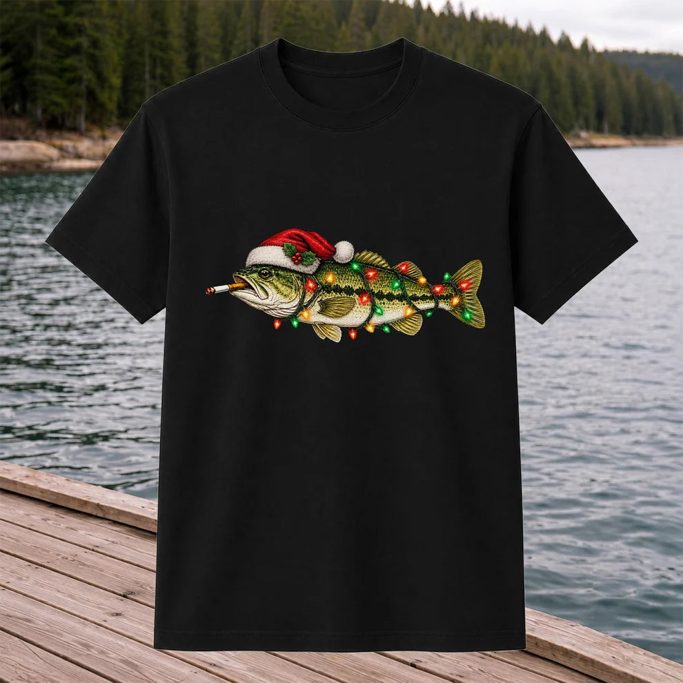 Christmas Bass Fishing Lights and Santa Hat Graphic T-Shirt