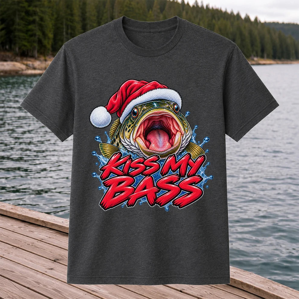 Kiss My Bass Santa Hat Funny Christmas Fishing T-Shirt