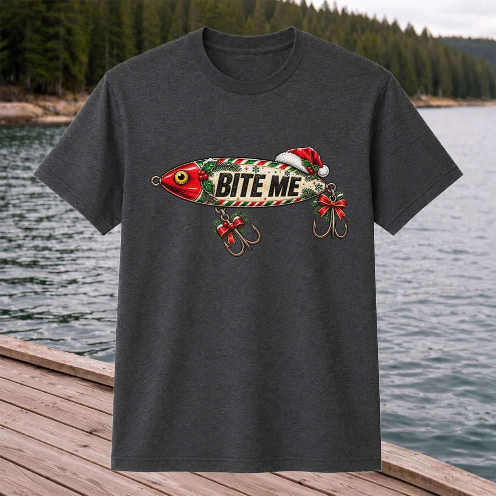 Bite Me Christmas Fishing Lure Funny Graphic T-Shirt