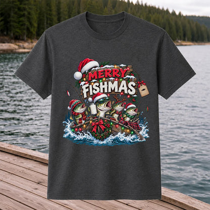 Merry Fishmas Christmas Bass in a Fishing Boat Graphic T-Shirt