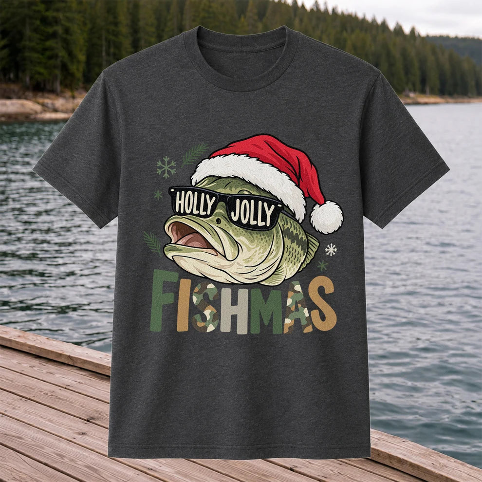Bass Wearing Santa Hat and Holiday Glasses Fishing Graphic T-Shirt