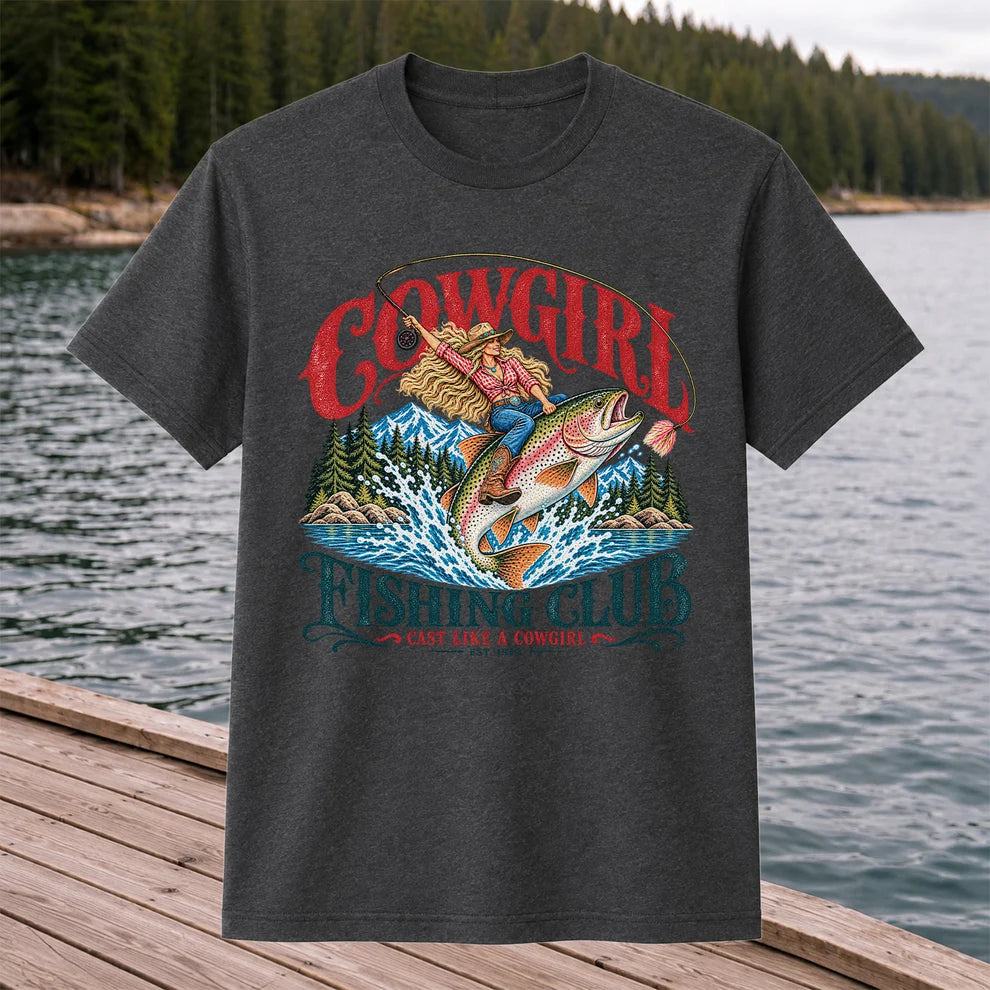 Cowgirl Riding Trout Fishing Club Graphic T-Shirt