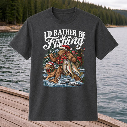 I'd Rather Be Fishing Bigfoot and Dog Christmas Fishing T-Shirt