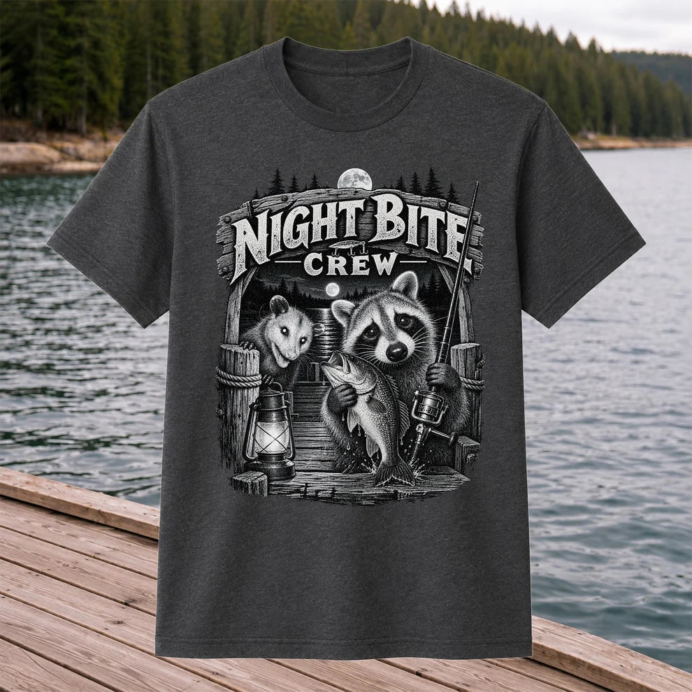 Night Bite Crew Raccoon and Bass Fishing Graphic T-Shirt