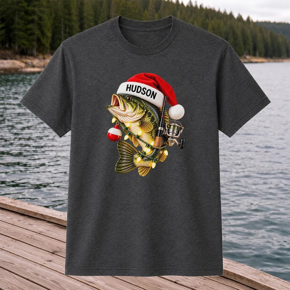 Hudson Santa Hat Bass Christmas Fishing Graphic T-Shirt