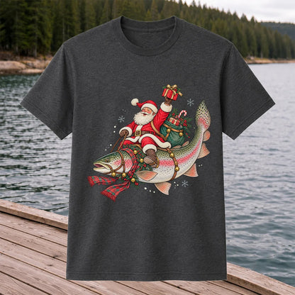 Santa Riding a Festive Rainbow Trout Christmas Fishing Graphic T-Shirt