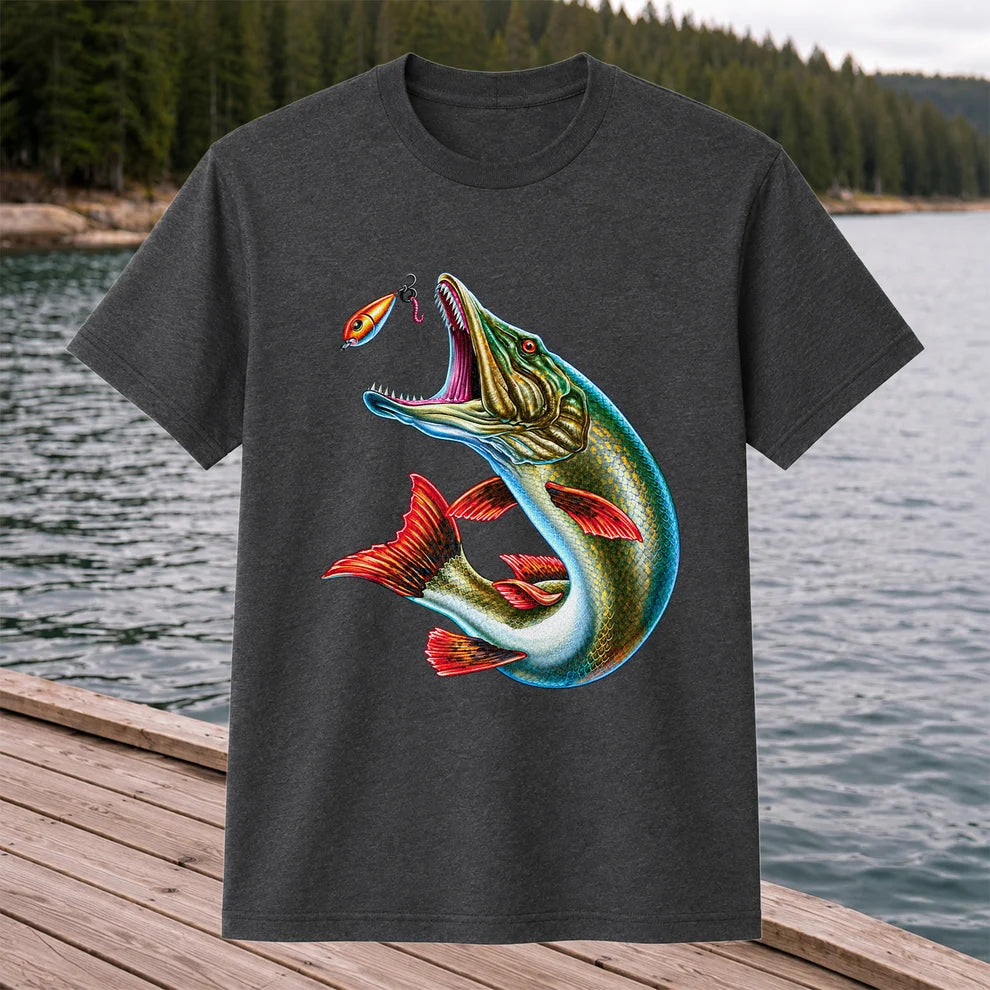 Northern Pike Chasing Fishing Lure Graphic T-Shirt