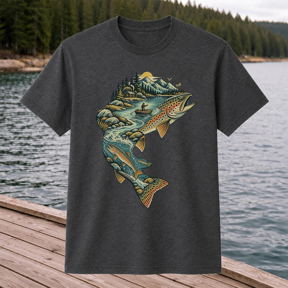 Vintage Brown Trout Mountain River Fly Fishing Graphic T-Shirt