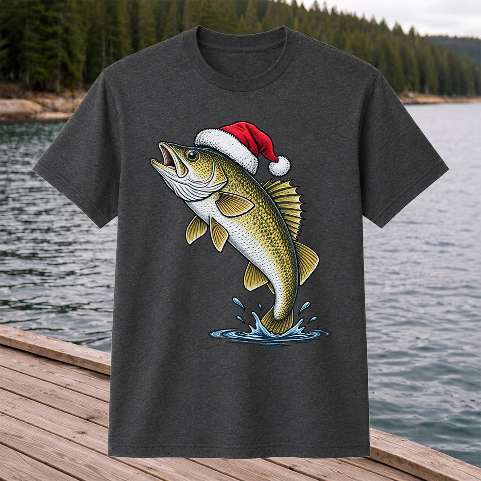 Santa Hat Walleye Christmas Fishing Graphic T-Shirt