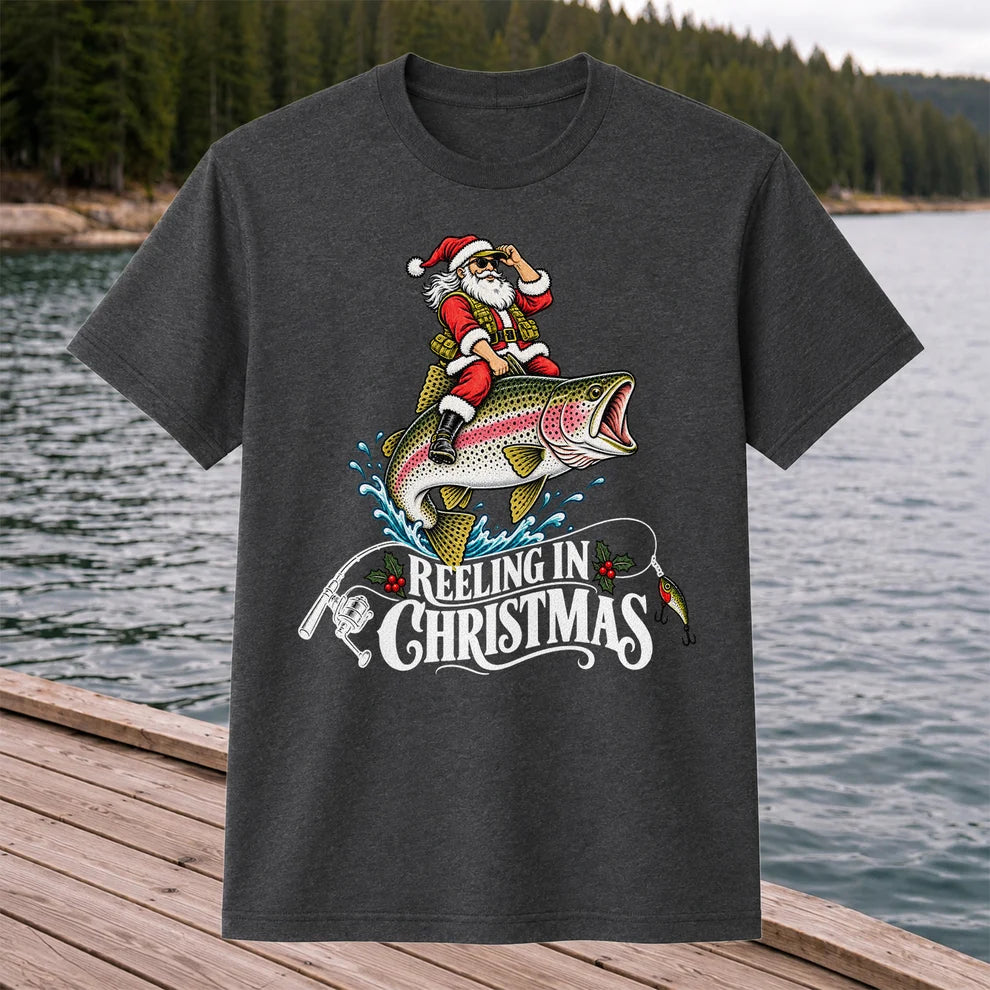 Reeling in Christmas Santa Rainbow Trout Fishing T-Shirt