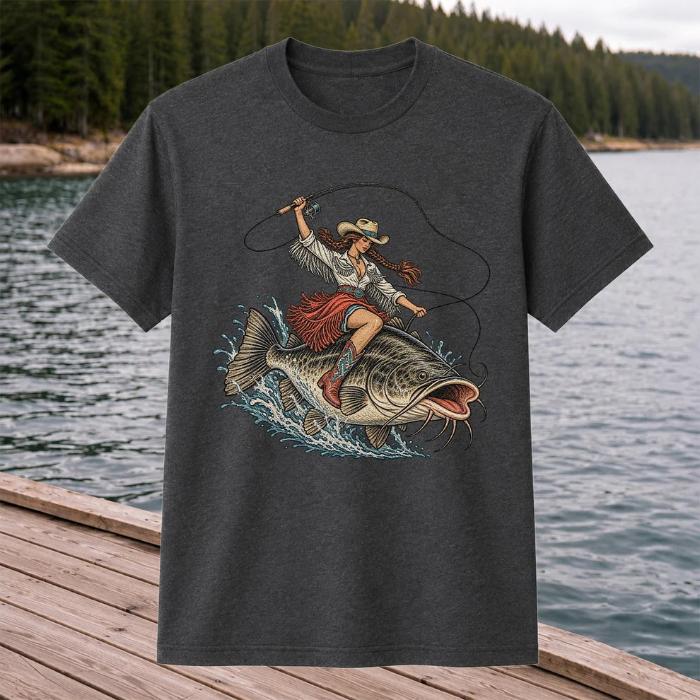 Cowgirl Riding a Largemouth Bass Fishing Graphic T-Shirt