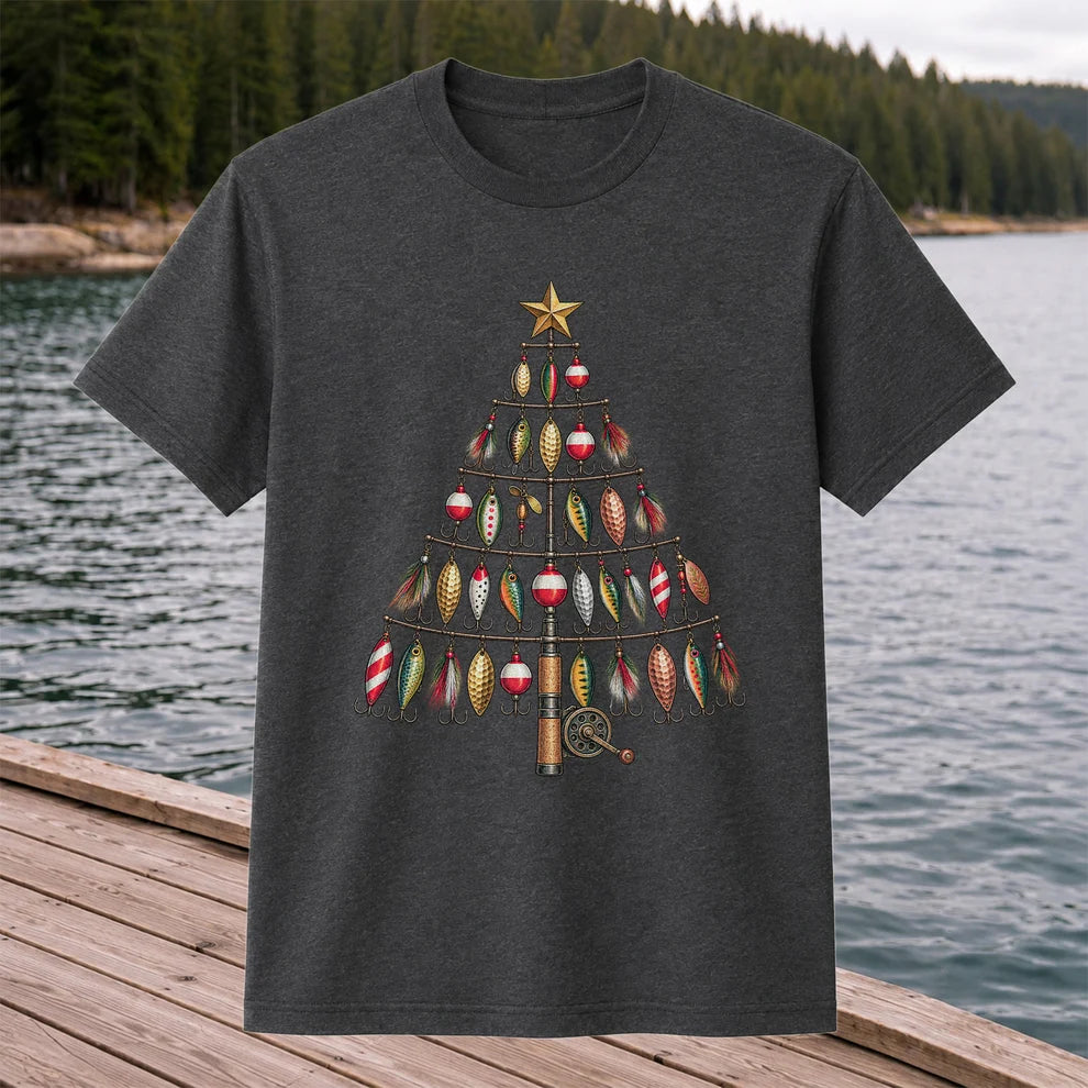 Fishing Lure Christmas Tree with Rod and Reel Graphic T-Shirt