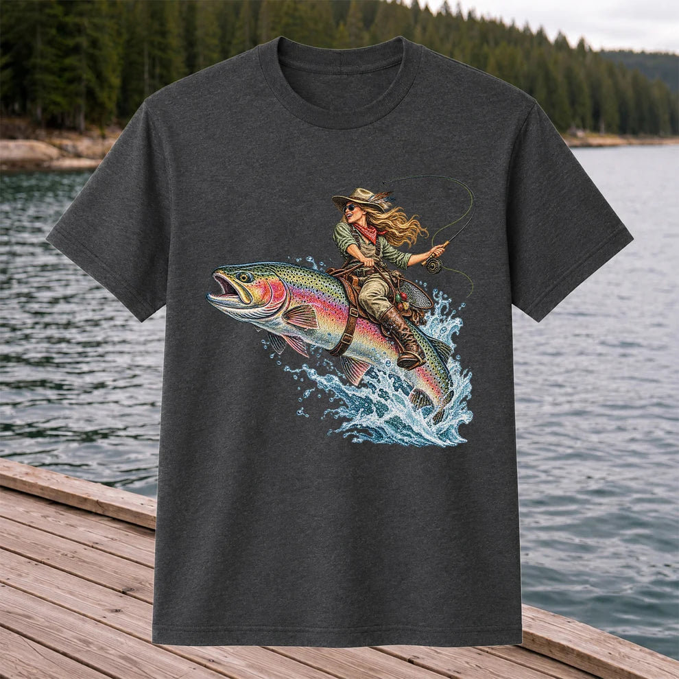 Cowgirl Riding a Rainbow Trout Fly Fishing Graphic T-Shirt