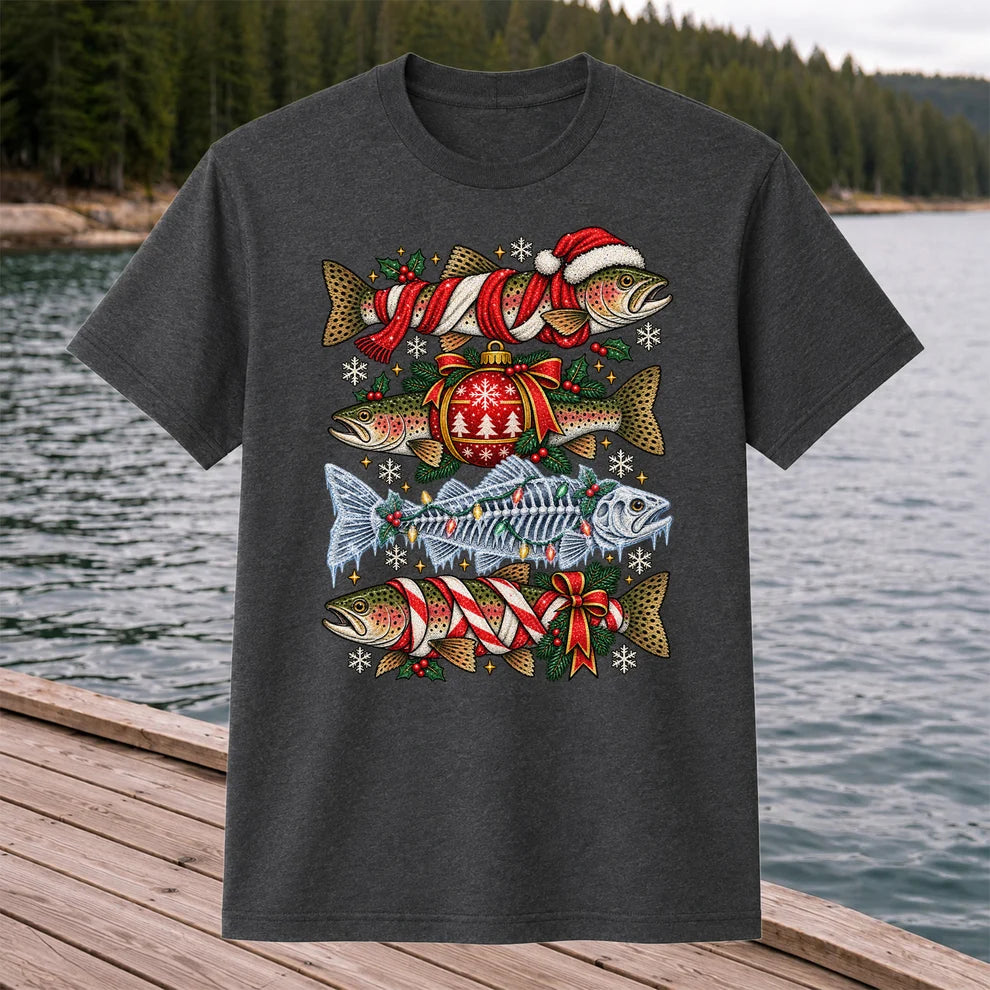 Christmas Rainbow Trout and Fish Skeleton Fishing Graphic T-Shirt
