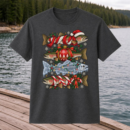 Christmas Rainbow Trout and Fish Skeleton Fishing Graphic T-Shirt