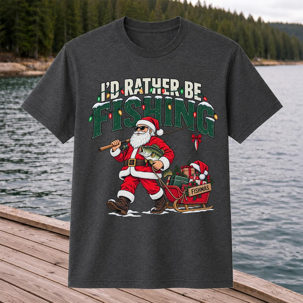 Santa Fishing with Bass Christmas Graphic T-Shirt