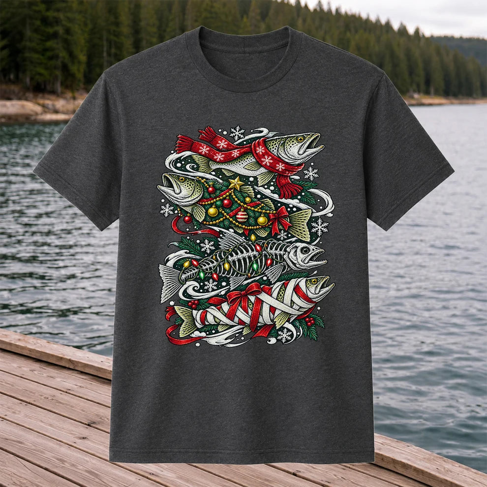 Christmas Trout and Fish Skeleton Holiday Fishing T-Shirt