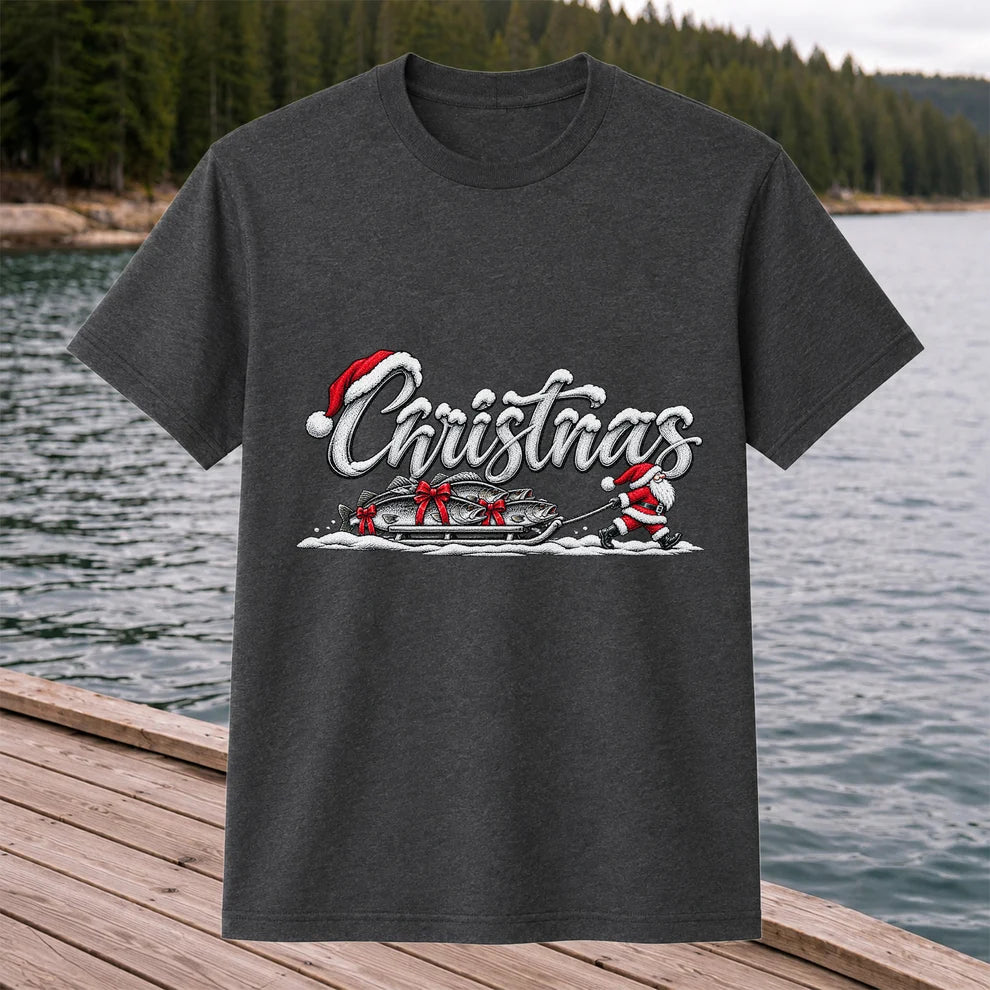 Christmas Santa Pulling Trout Fishing Sled Graphic T-Shirt