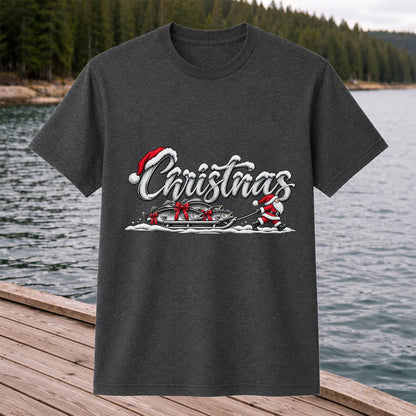 Christmas Santa Pulling Trout Fishing Sled Graphic T-Shirt