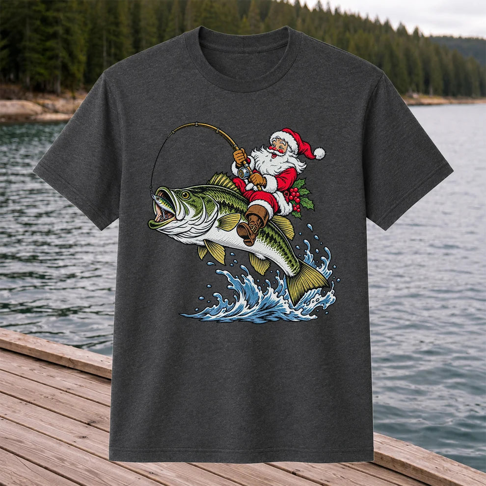 Santa Claus Riding a Bass Christmas Fishing Graphic T-Shirt