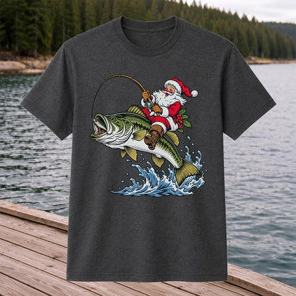 Santa Claus Riding a Bass Christmas Fishing Graphic T-Shirt