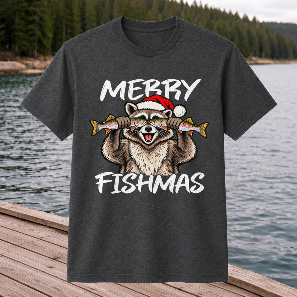 Merry Fishmas Raccoon Rainbow Trout Christmas Fishing T-Shirt