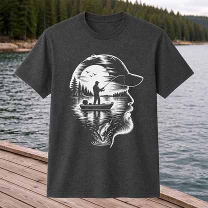 Bearded Angler Silhouette with Lake Fishing Scene Graphic T-Shirt