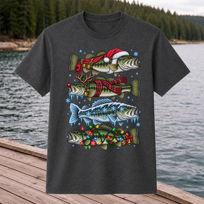 Christmas Bass with Santa Hat and Holiday Lights Fishing T-Shirt