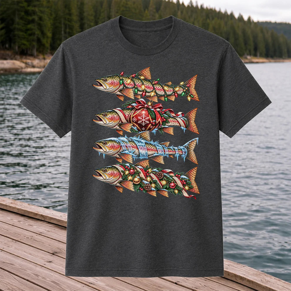Christmas Rainbow Trout with Holiday Lights Fishing Graphic T-Shirt