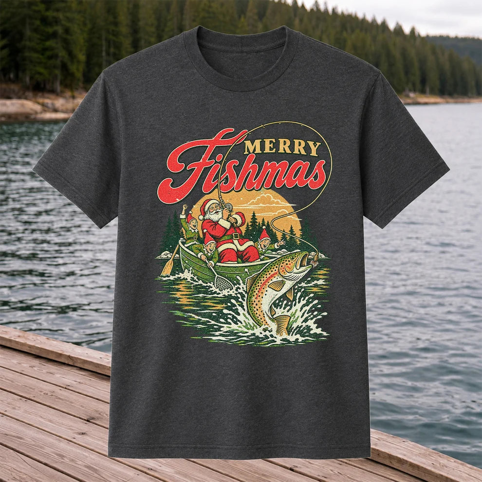 Merry Fishmas Santa and Elves Trout Fishing Christmas T-Shirt