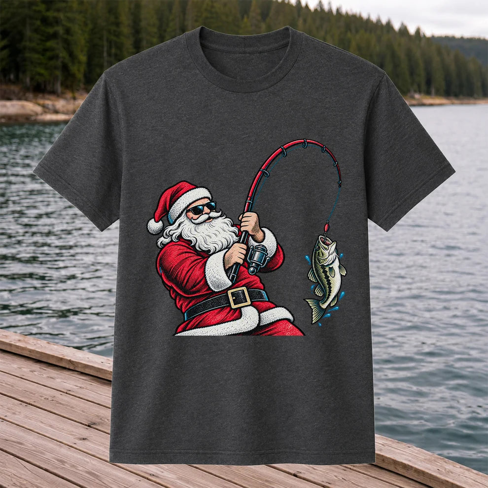 Santa Claus Catching a Bass Christmas Fishing Graphic T-Shirt