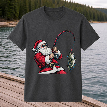 Santa Claus Catching a Bass Christmas Fishing Graphic T-Shirt