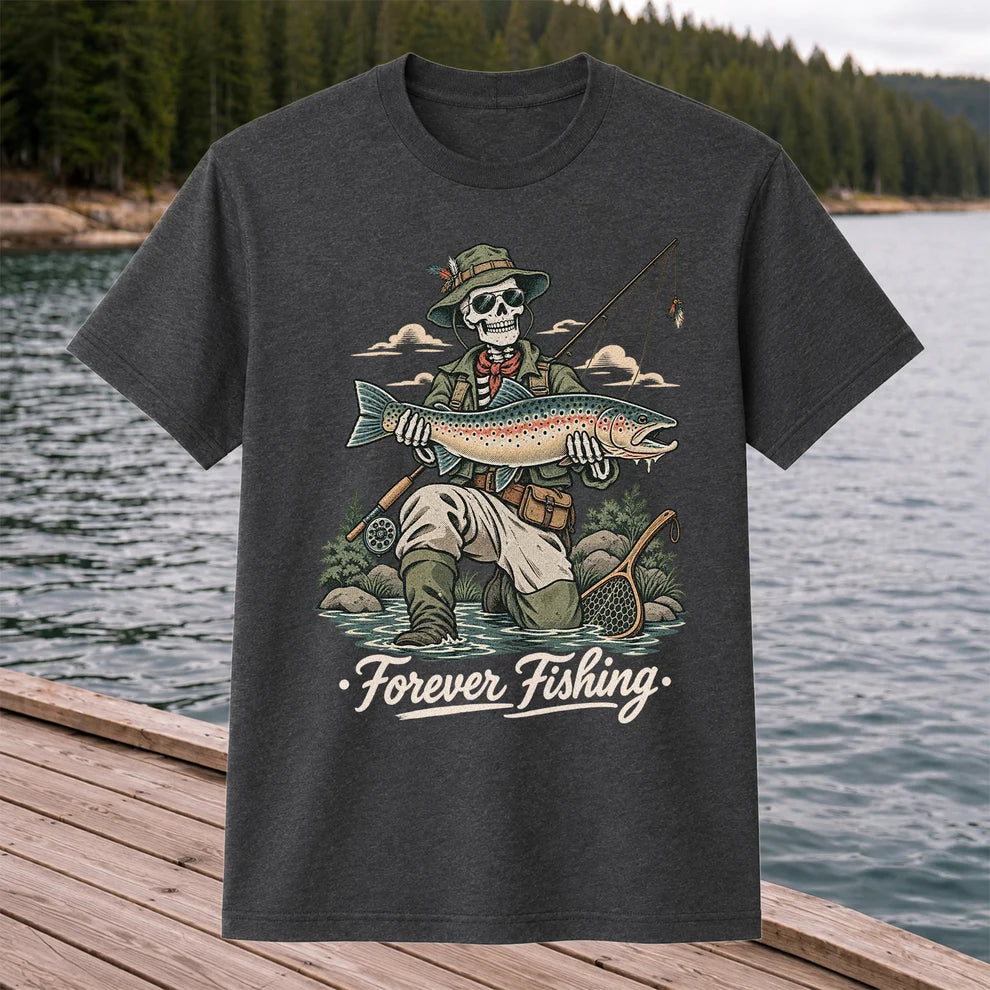Forever Fishing Skeleton Angler with Rainbow Trout Graphic T-Shirt