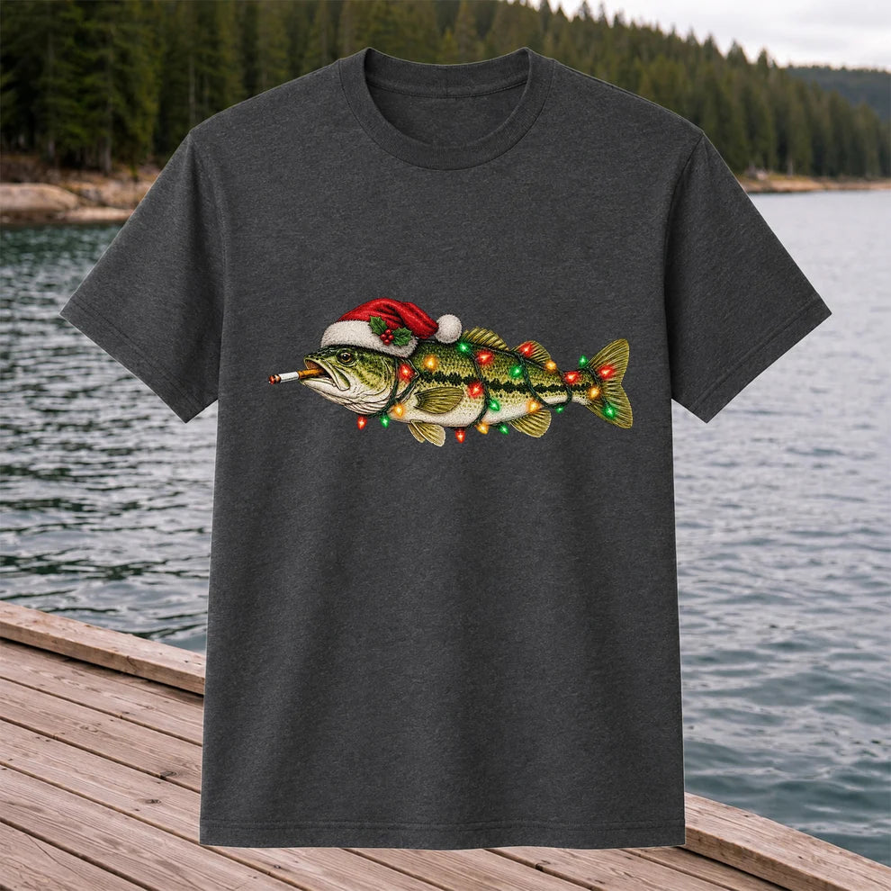 Christmas Bass Fishing Lights and Santa Hat Graphic T-Shirt