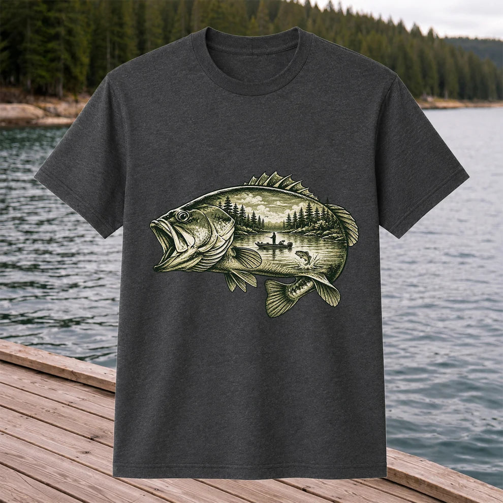 Vintage Bass Lake Fishing Scene Graphic T-Shirt