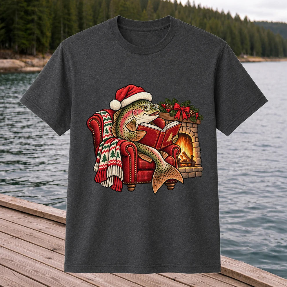 Christmas Trout Reading by the Fireplace Fishing T-Shirt