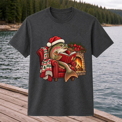 Christmas Trout Reading by the Fireplace Fishing T-Shirt