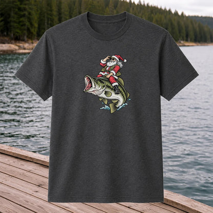Santa Riding Largemouth Bass Christmas Fishing Graphic T-Shirt