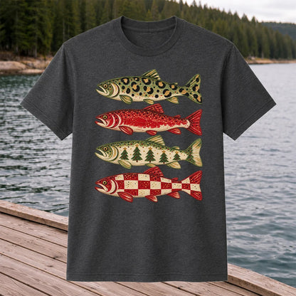Four Seasonal Trout Patterns Christmas Fishing Graphic T-Shirt