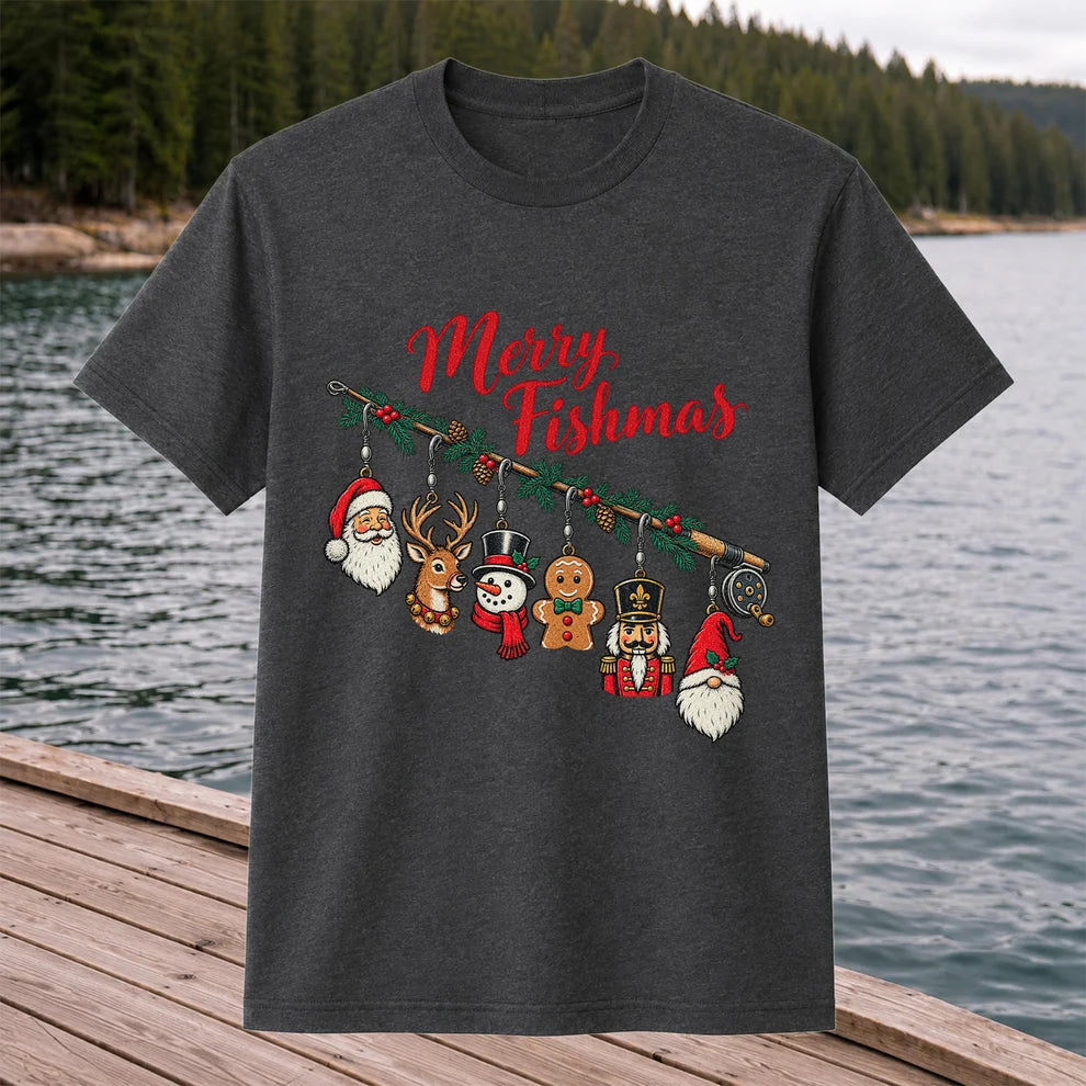 Christmas Fishing Rod Ornaments Holiday Graphic T-Shirt