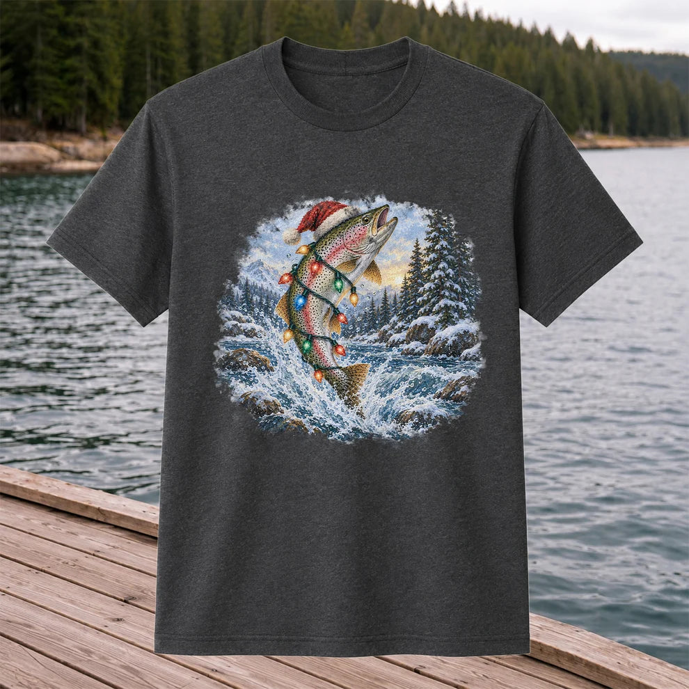 Santa Rainbow Trout with Christmas Lights Fishing T-Shirt