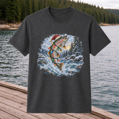 Santa Rainbow Trout with Christmas Lights Fishing T-Shirt