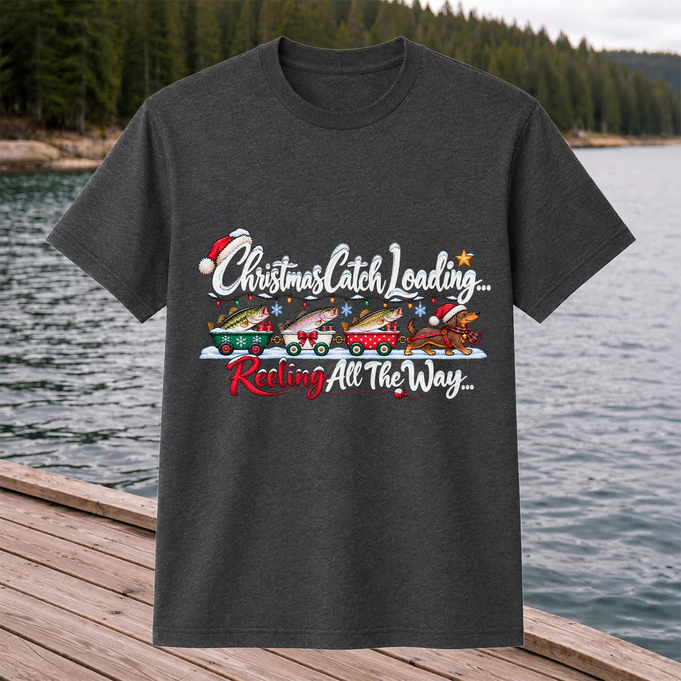 Christmas Fishing Train with Trout and Dog Graphic T-Shirt