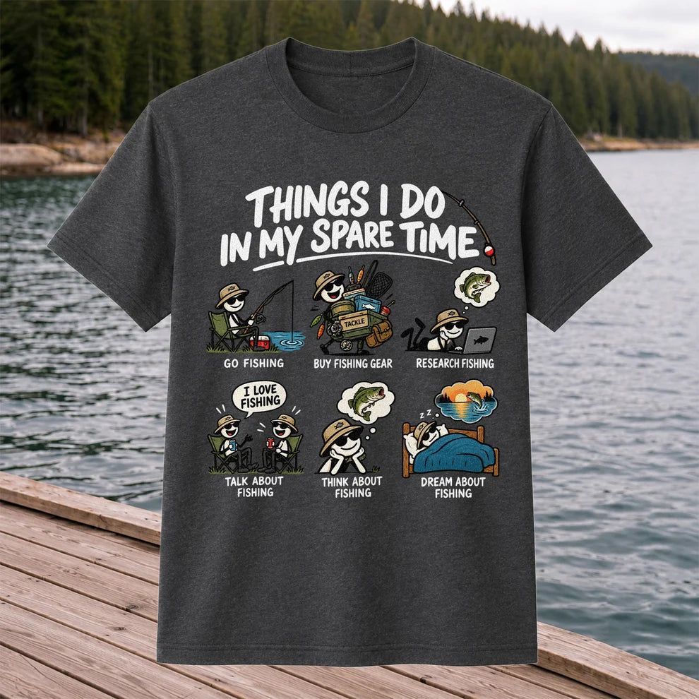 Things I Do in My Spare Time Funny Cartoon Angler Fishing T-Shirt