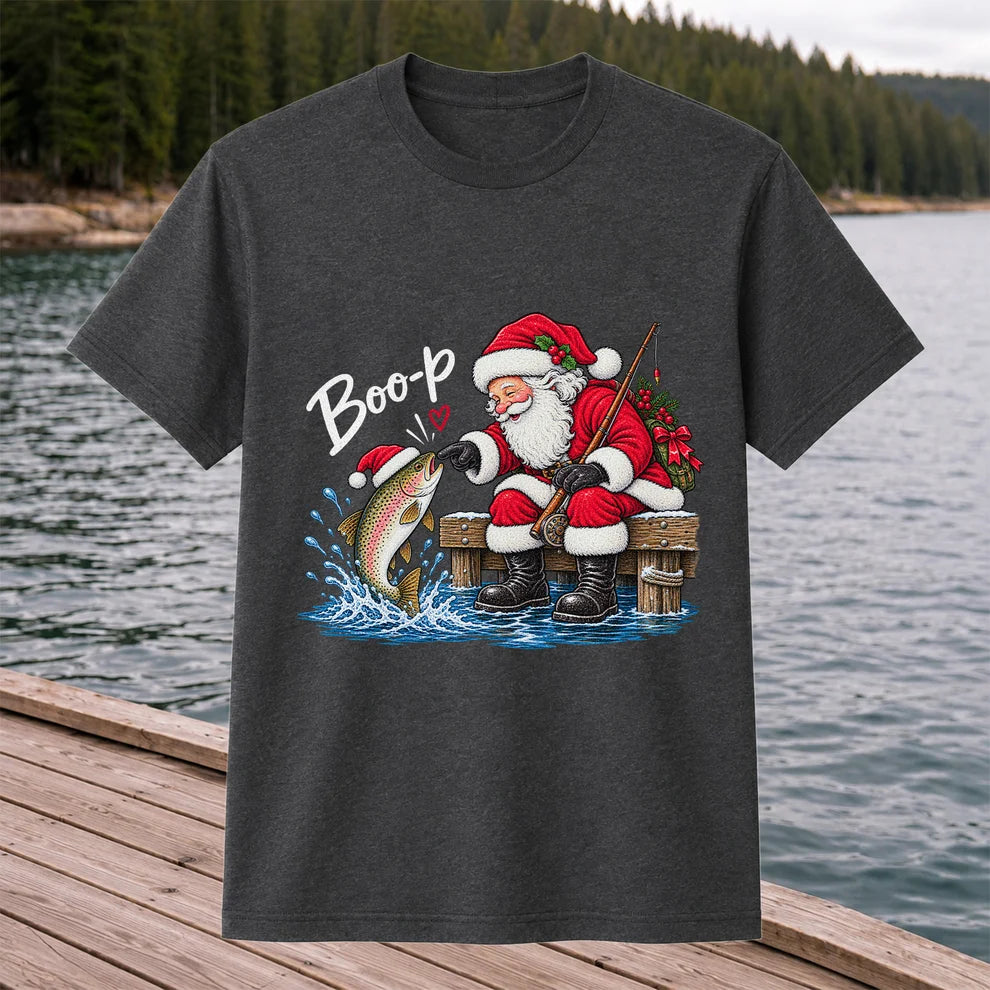 Santa Fishing for Rainbow Trout Christmas Graphic T-Shirt