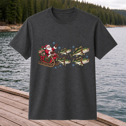 Santa in a Sleigh Pulled by Bass Christmas Fishing Graphic T-Shirt